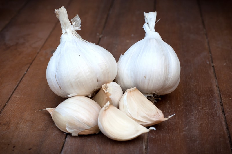 White garlic bulbs next to harvested cloves